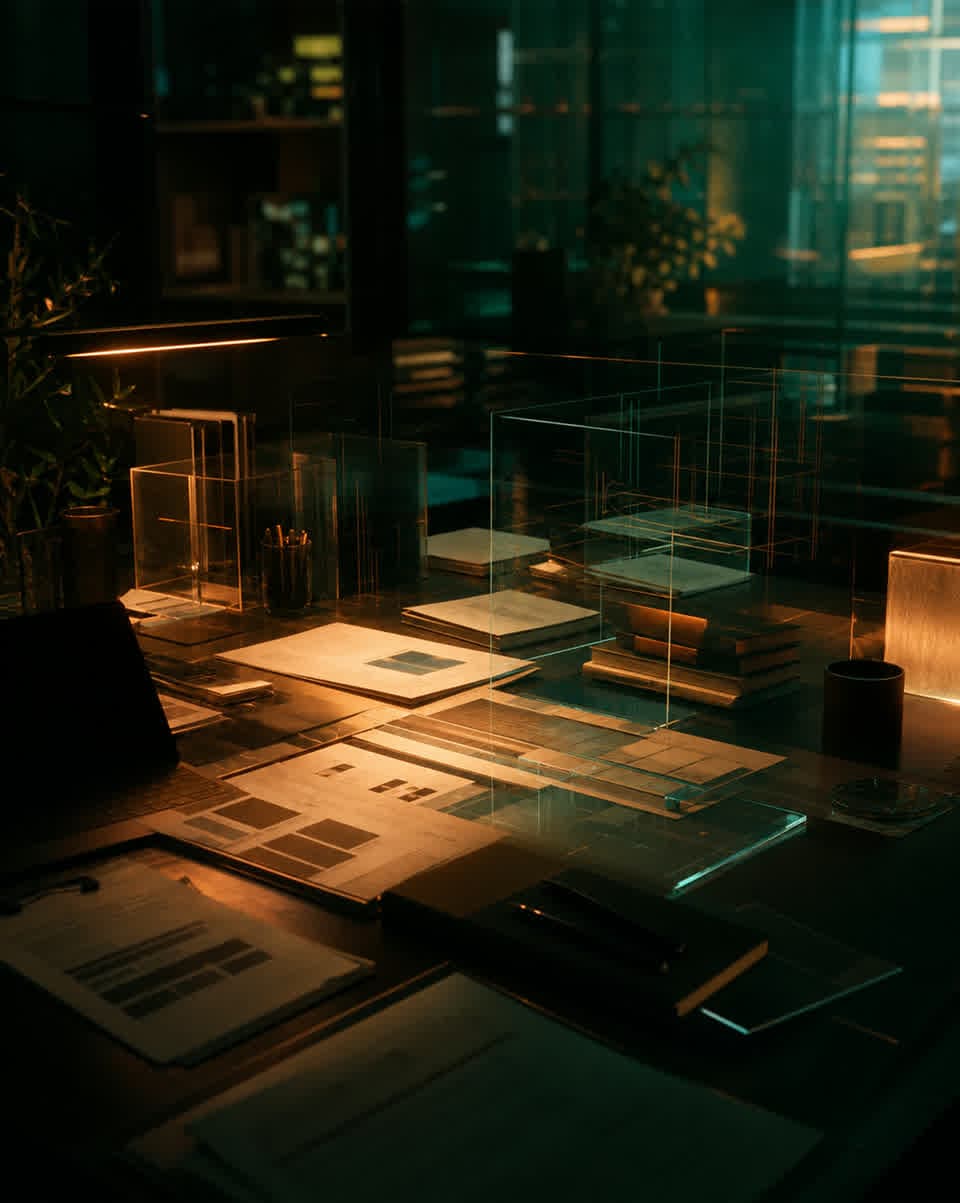 Bureau sombre vert et ambre avec documents, verre et lignes agentiques pour Claude Cowork